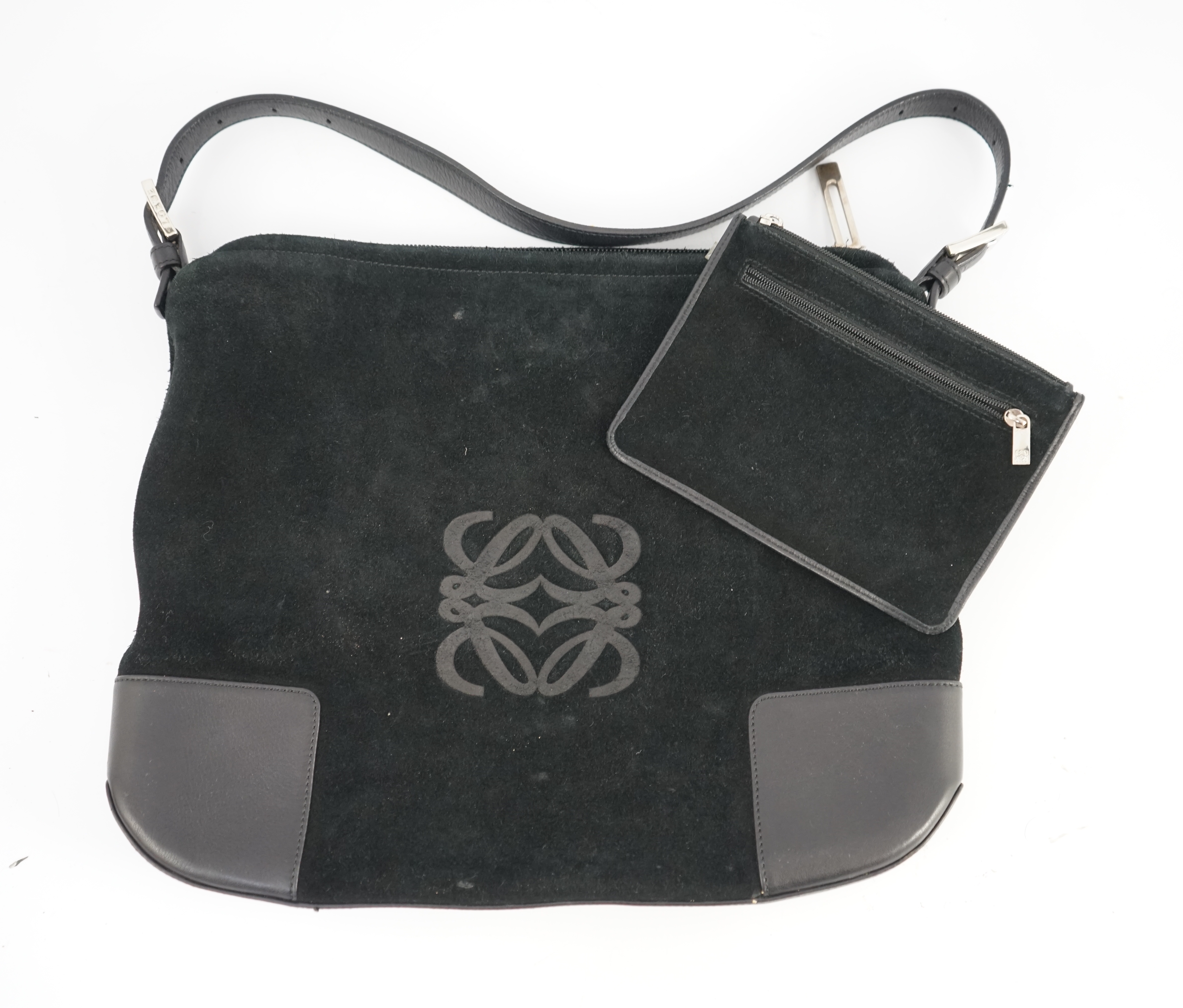 A Loewe black suede and leather shoulder bag and purse, bag width 34cm, depth 3cm, height 28cm, purse width 16.5cm, height 12cm